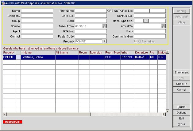 Arrivals with Paid Deposits
