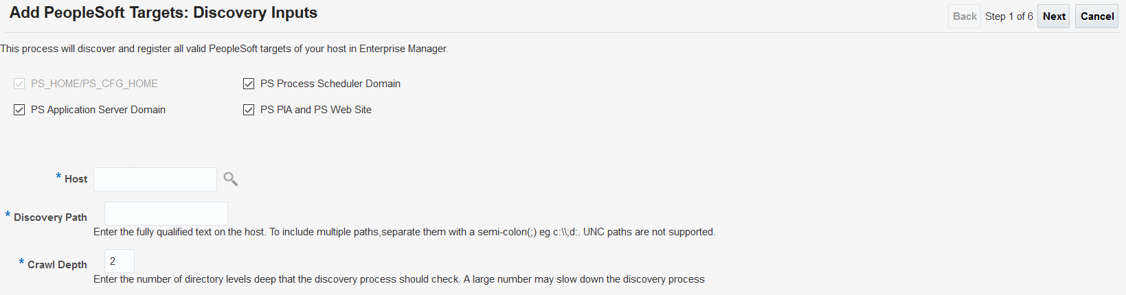 Add PeopleSoft Targets: Discovery Inputs page