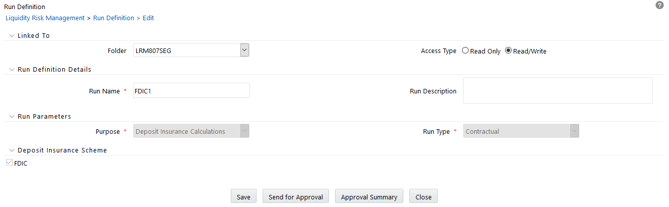 This window illustrates the Run Definition window for a DIC Run. Here the Run Type field is Contractual by default for the DIC Run purpose.