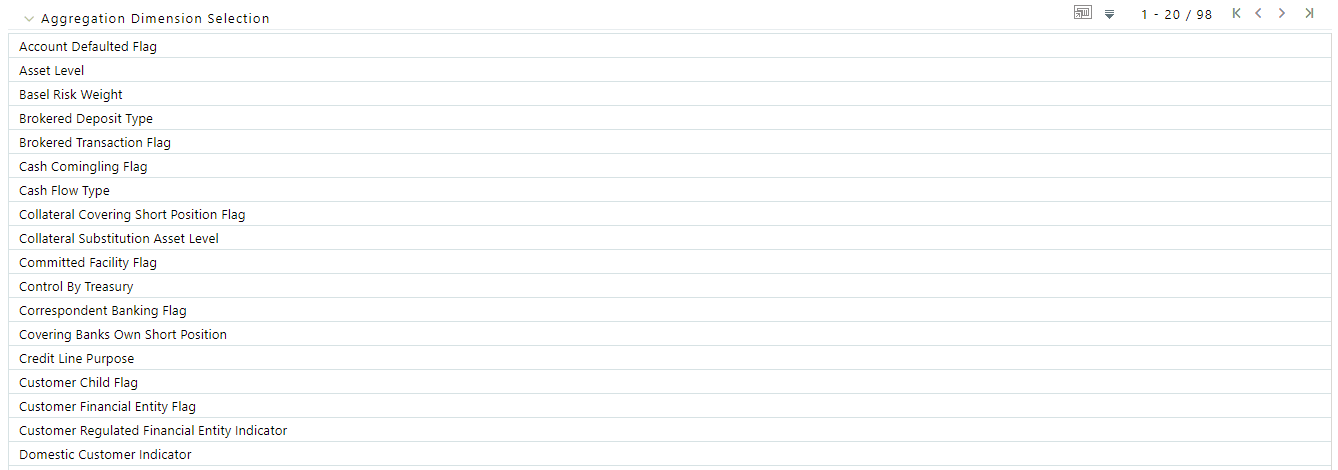 Description of the Aggregation Dimension section follows This illustration shows the Aggregation Dimension Selection section, where you can select the required dimensions.