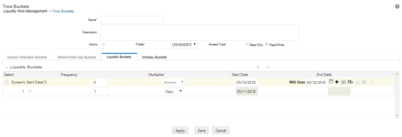 Description of the Time Bucket Details - New window follows This illustration shows the Time Bucket Details - New window. You can define a new Liquidity Bucket using this window.