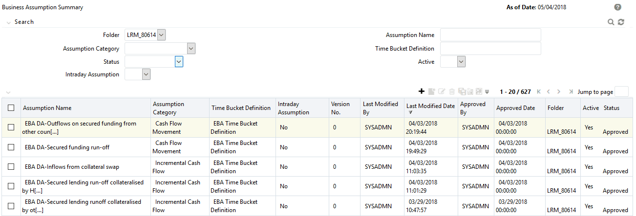 Description of the Business Assumptions Summary page follows This illustration shows the Business Assumption Summary page for the OFS LRS application. You can add, view, edit, copy or delete definitions.