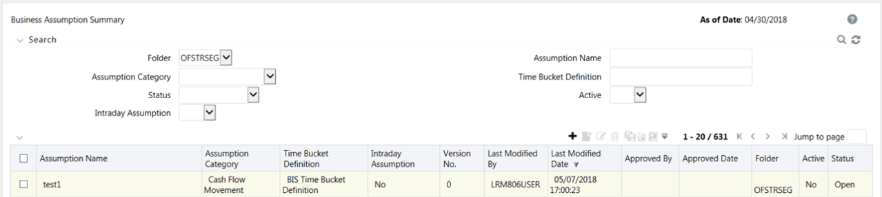 Description of the Business Assumption Summary - Open Status page follows This illustration shows the Business Assumption Summary - Open Status page.