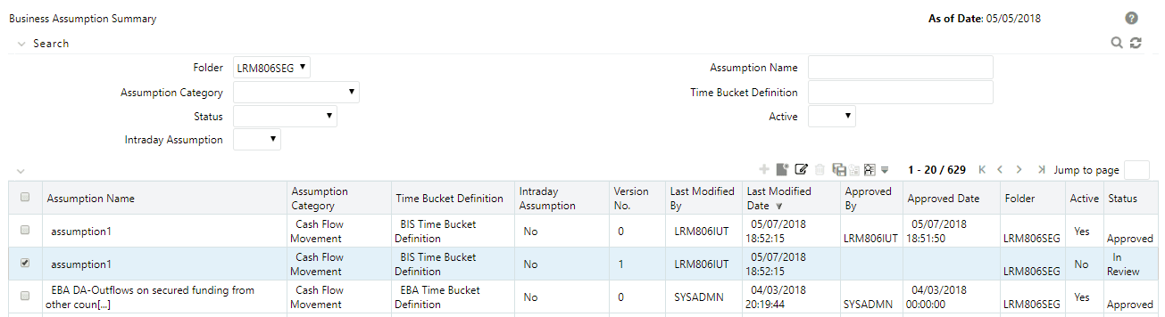Description of the Business Assumption Summary - In Review Status page follows This illustration shows the Business Assumption Summary - In Review Status page.