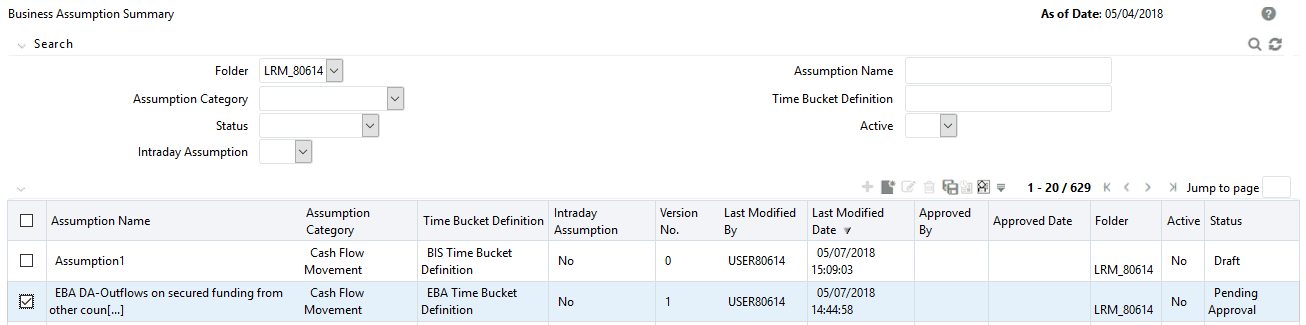 Description of the Business Assumption Summary - Pending Approval page follows This illustration shows the Business Assumption pending Approval page.