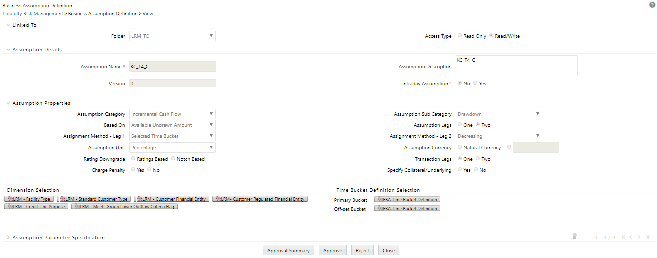 Description of the Business Assumption Definiton - Approve or Reject window follows This illustration shows the Business Assumption Definition - Approve or Reject window.
