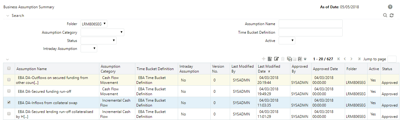 Description of the Business Assumption Summary page follows This illustration shows the Business Assumption Summary page.
