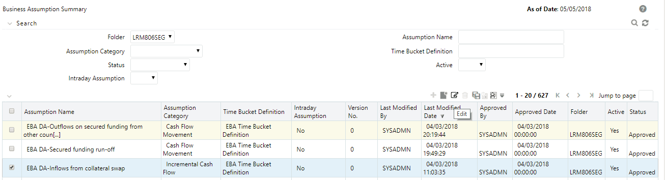 Description of the Business Assumption Summary follows This illustration shows the Business Assumption Summary page.