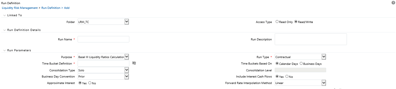 Description of the Run Definition window follows This illustration shows the Run Definition window when Run type is selected as Contractual and the purpose is selected as Basel III Liquidity Ratios Calculation or Long Term Gap Calculation. Description of the Run Definition window follows This illustration shows the Run Definition window when Run type is selected as Contractual and the purpose is selected as Basel III Liquidity Ratios Calculation or Long Term Gap Calculation.