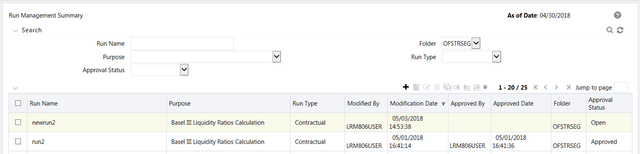 Description of the Run Management Summary window follows This illustration shows the Run Management Summary window. You can view a Run in Open Status. Description of the Run Management Summary window follows This illustration shows the Run Management Summary window. You can view a Run in Open Status.