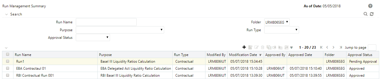 Description of the Run Management Summary window follows This illustration shows the Run Management Summary window. You can view a Run in Pending Approval Status. Description of the Run Management Summary window follows This illustration shows the Run Management Summary window. You can view a Run in Pending Approval Status.
