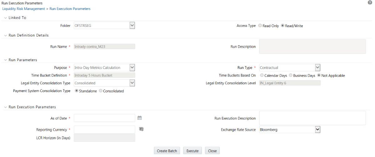 Description of the Run Execution Parameters window follows This illustration shows the Run Execution Parameters window when the Run type is selected as Contractual and the purpose is selected as Intra-Day Metrics Calculation. Description of the Run Execution Parameters window follows This illustration shows the Run Execution Parameters window when the Run type is selected as Contractual and the purpose is selected as Intra-Day Metrics Calculation.