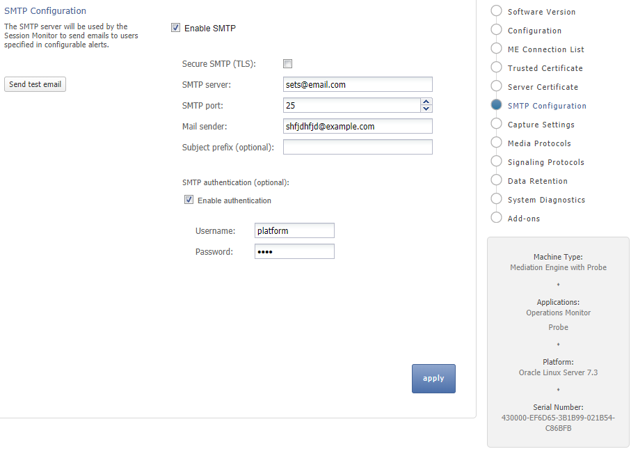 SMTP Configuration page SMTP Configuration page