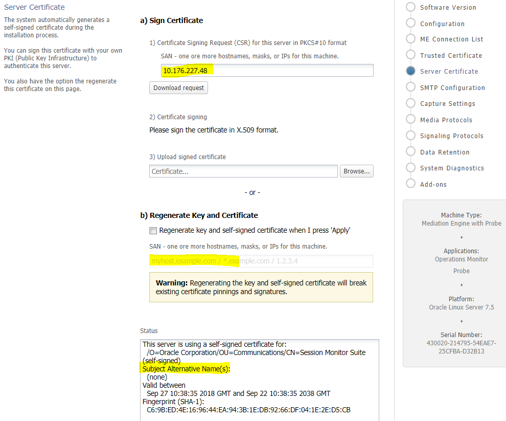 The figure shows the SAN components in the server certificate page.