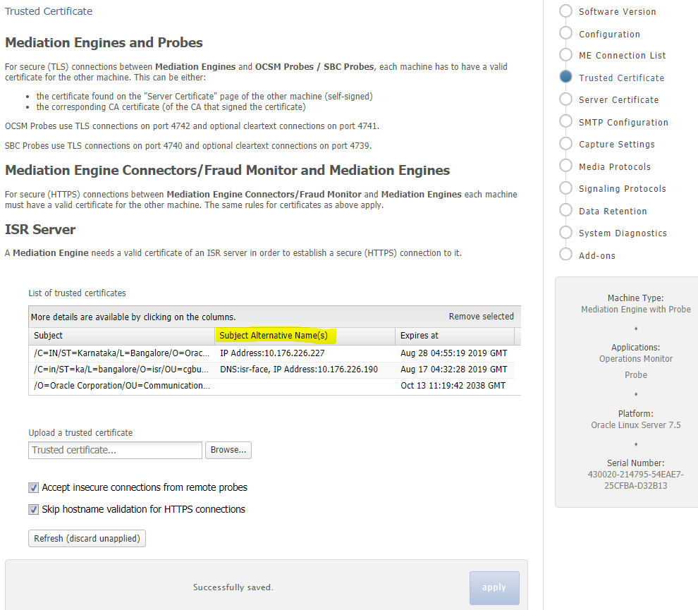 The figure shows the SAN fields in the Trusted Certificate Page.