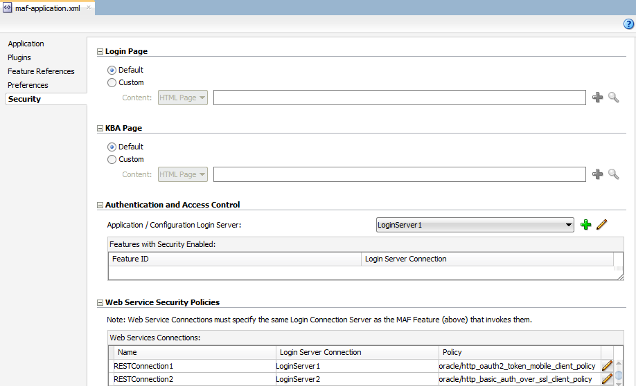 複数のポリシーがRESTサービス接続およびログイン・サーバー接続に関連付けられているmaf-application.xmlの概要エディタの「セキュリティ」ページの「Webサービス・セキュリティ・ポリシー」セクションを表示します。