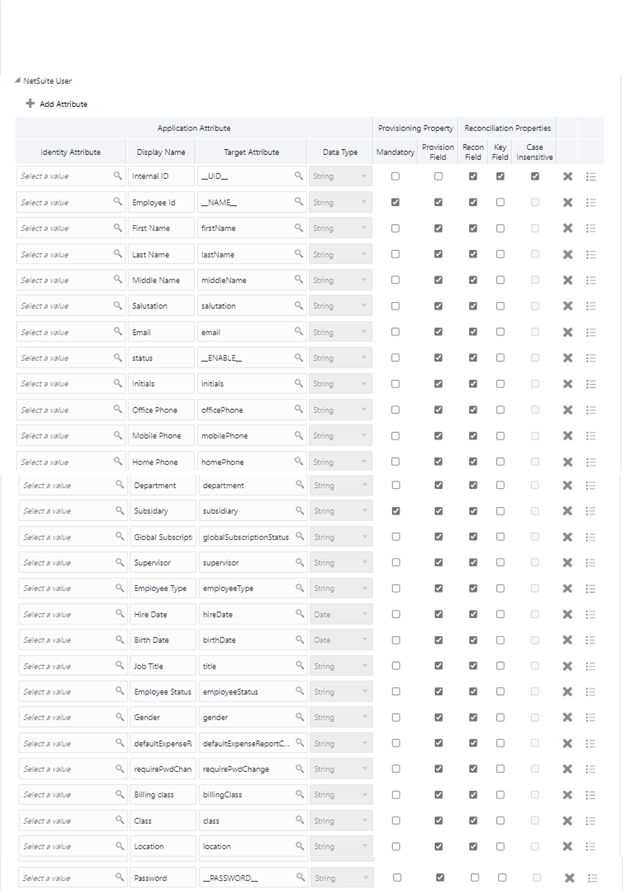 Oracle NetSuiteユーザー・アカウントのデフォルトの属性マッピング