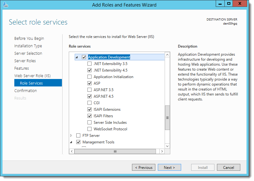 This figure shows the Add Roles and Features Wizard page where you select the Application Development role services.