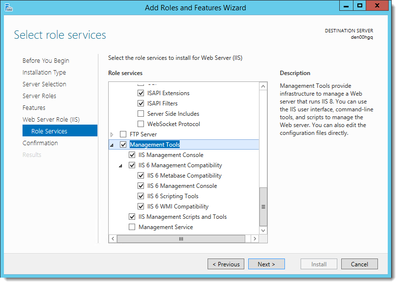 This figure shows the Add Roles and Features Wizard page where you select the Management Tools.