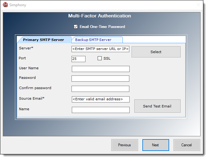 This figure shows the Multi-Factor Authentication enabling screen which includes the setup of the required Primary and Backup SMTP email servers.