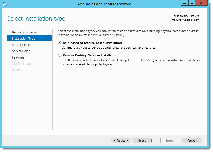 This figure shows the installation types that are available when adding roles, services, and features.