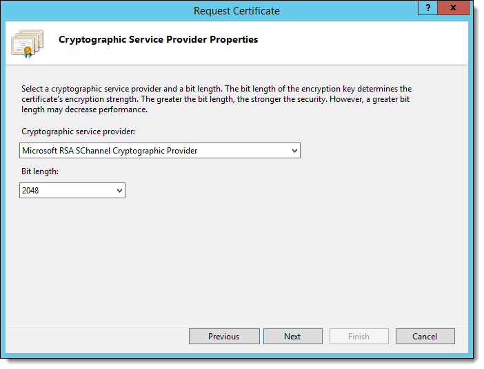 This figure shows the certificate request Cryptographic Service Provider Properties window.