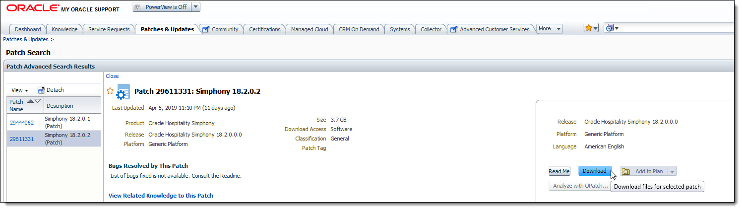 This figure shows the My Oracle Support Patches and Updates window, specifically the Download and Read Me documentation buttons.