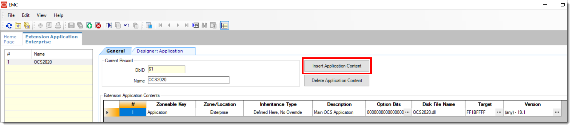 This figure shows the EMC’s Extension Application module with the Insert Application Content button highlighted.