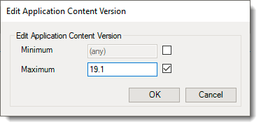 This figure shows the Extension Application minimum / maximum Simphony versioning configuration window.