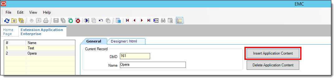 This figure shows the Extension Application module, specifically the Insert Application Content button.