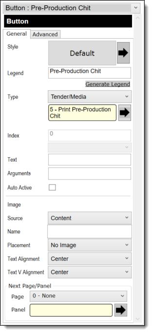 This figure shows the Page Design module and the button configuration for Pre-Production Chit printing.