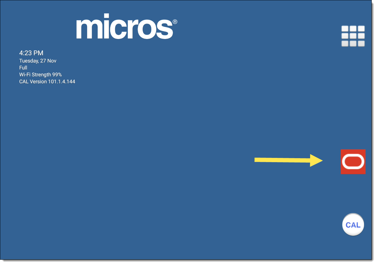 This figure shows the MICROS CAL home screen, specifically the Simphony desktop icon