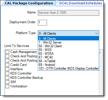 This figure shows the CAL Package Configuration tab and the available platform types as shown from the drop-down list.