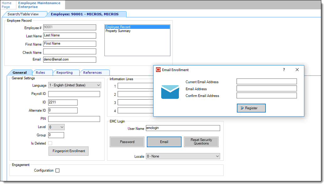 This figure shows the Employee record where you configure or change an employee’s email address.