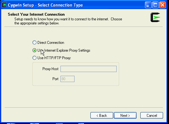 「Select Connection Type」ウィンドウ