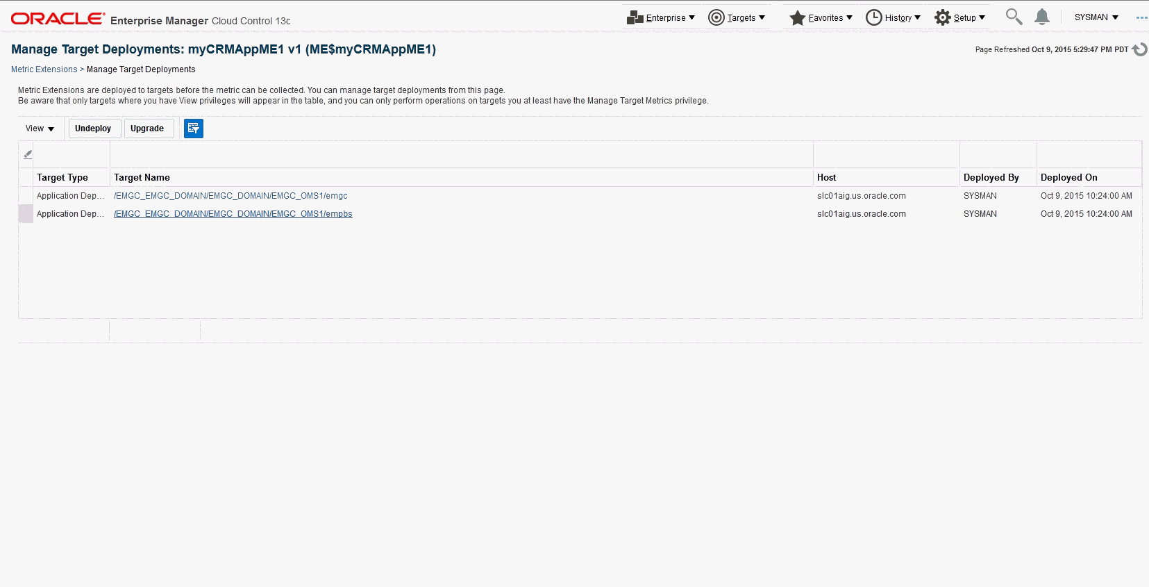 画像は、ターゲット・デプロイメントの管理ページを示しています。