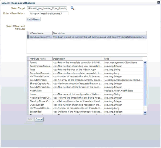 画像は、MBeanの選択と属性を示しています。
