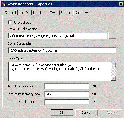 「iWave Adapters Properties」ウィンドウの「Java」タブ 「iWave Adapters Properties」ウィンドウの「Java」タブ