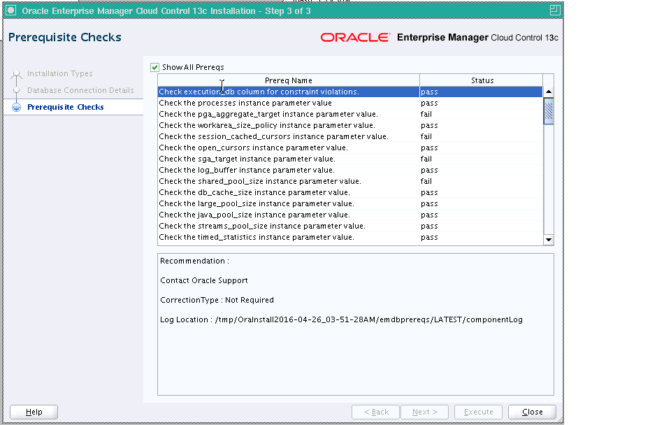 Enterprise Managerの「前提条件チェック」