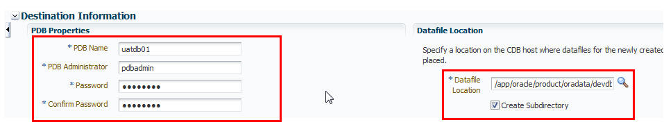 PDBプロパティおよびデータファイル場所の指定 PDBプロパティおよびデータファイル場所の指定