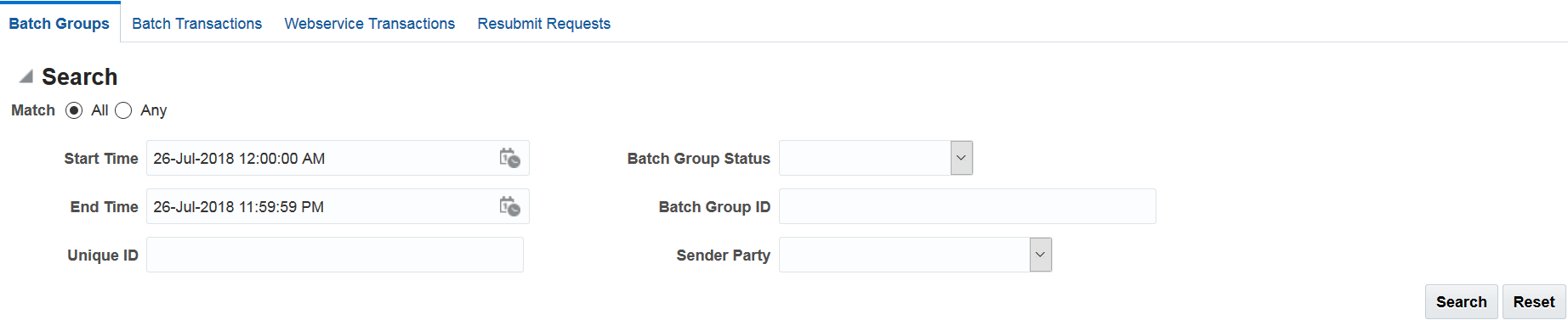 Image represents search options in batch group transactions tab.