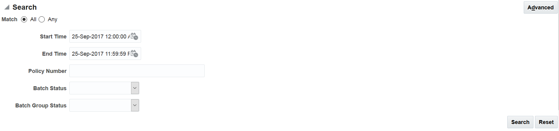 Image represents search fields for batch transactions.