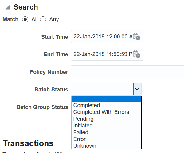 Image represents batch status drop-down.