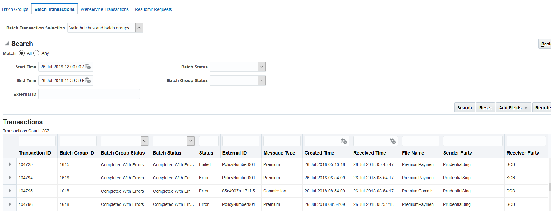 Image represents batch transaction search results.