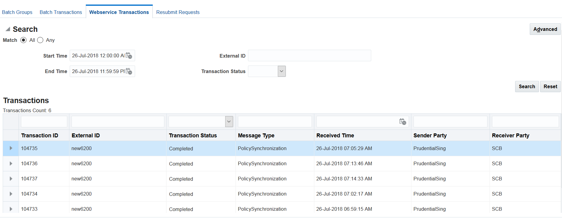 Image represents search results in webservice transaction tab.