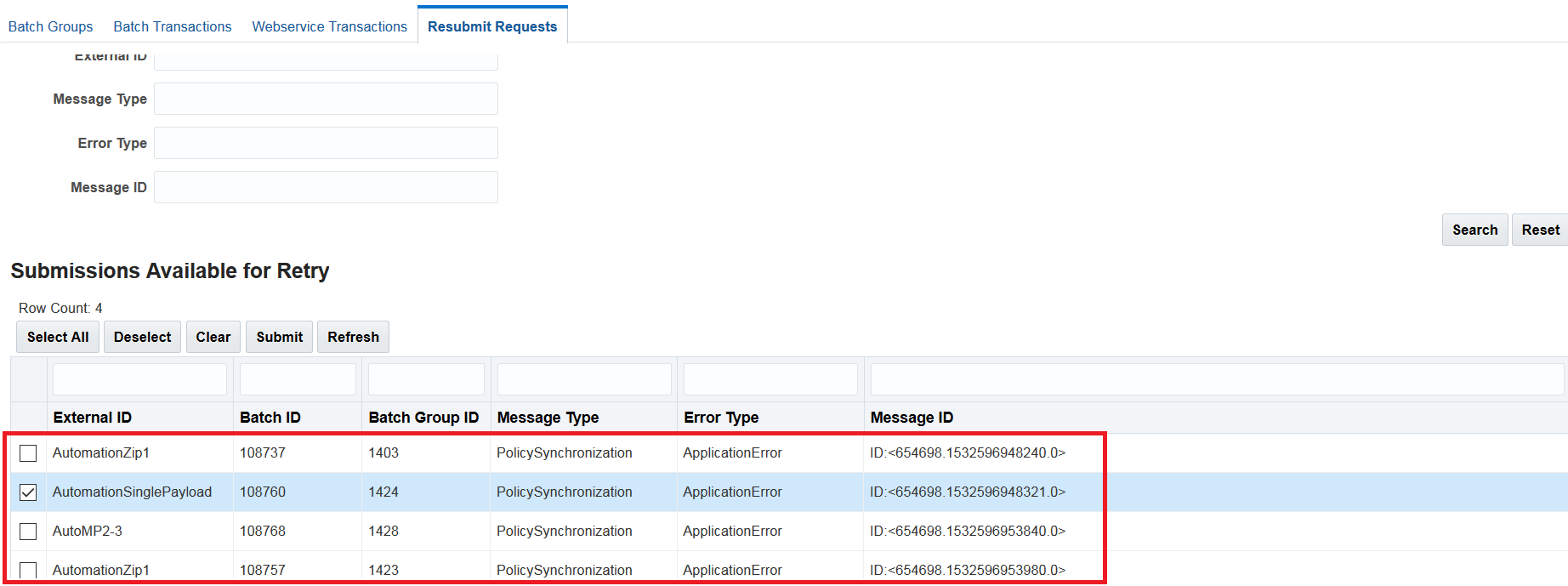 Image represents resubmit requests available for retry.