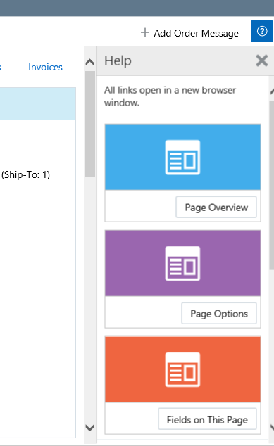 illustrates the 3 options available in the Help Drawer to select the Page Overview, Page Options, or Fields on This Page.