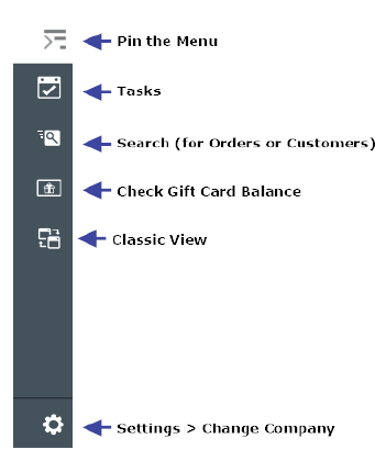 illustrates the Pin the Menu, Tasks, Search, Check Gift Card Balance, and Settings > Change Company options available in the left-hand navigation panel