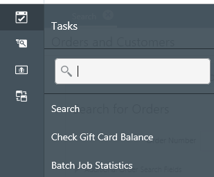 Tasks menu illustration with Search, Check Gift Card Balance, and Batch Job Statistics