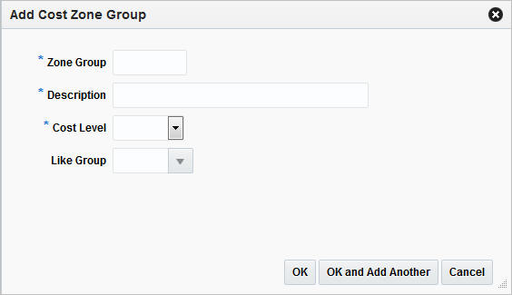 Add Cost Zone Group window